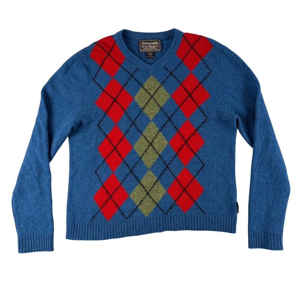 Vintage Abercrombie & Fitch Sweater Mens L Blue‎ Argyle V Neck Wool Long Sleeve